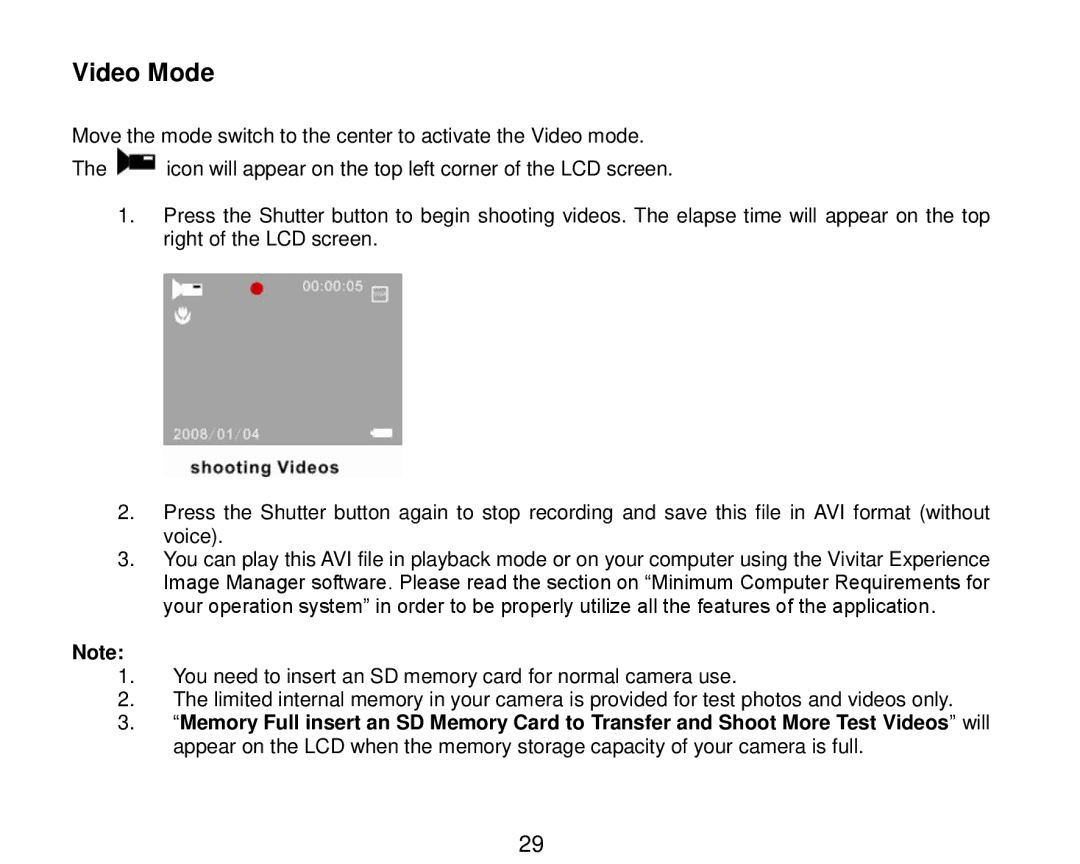 Vivitar V8690 user manual Video Mode 