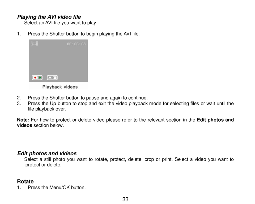 Vivitar V8690 user manual Playing the AVI video file, Edit photos and videos 