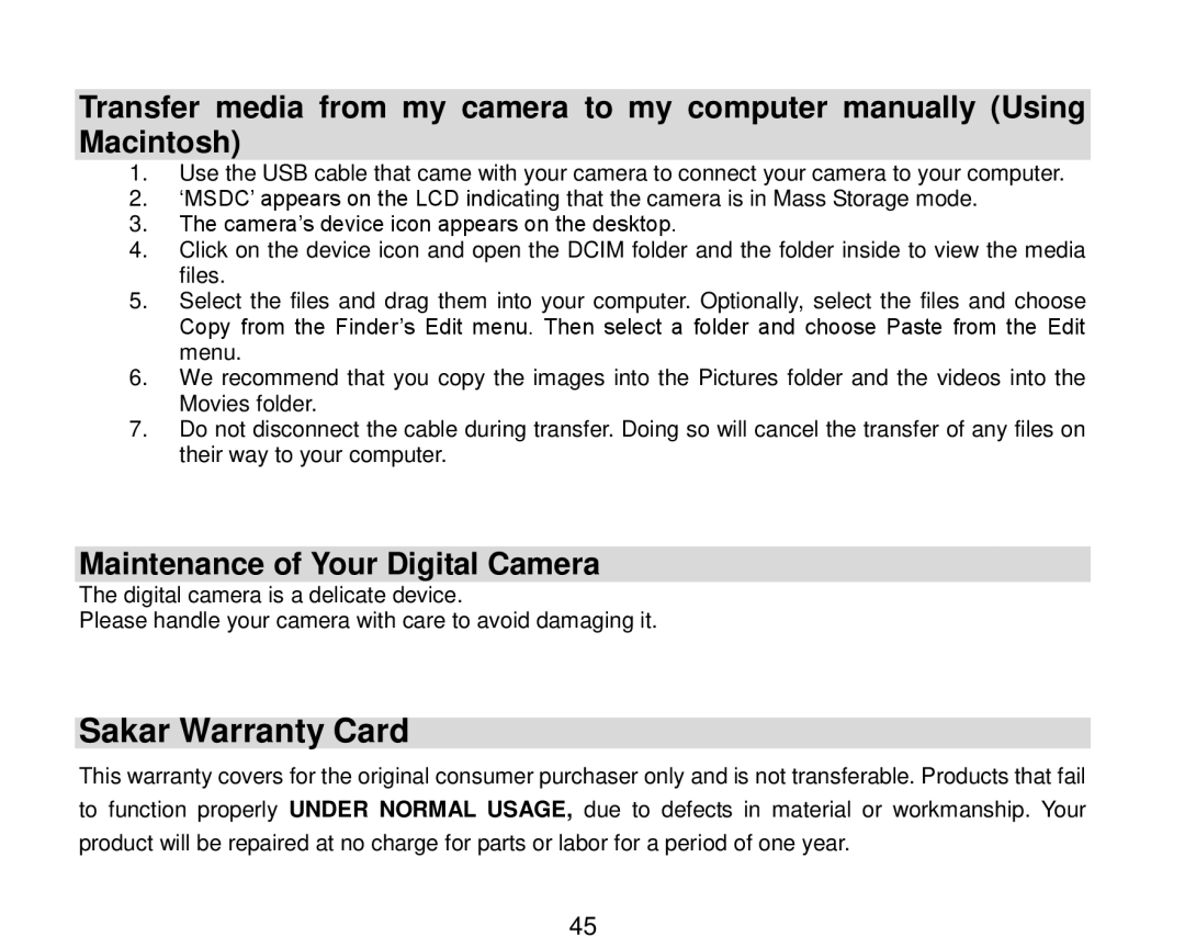 Vivitar V8690 user manual Sakar Warranty Card, Maintenance of Your Digital Camera 