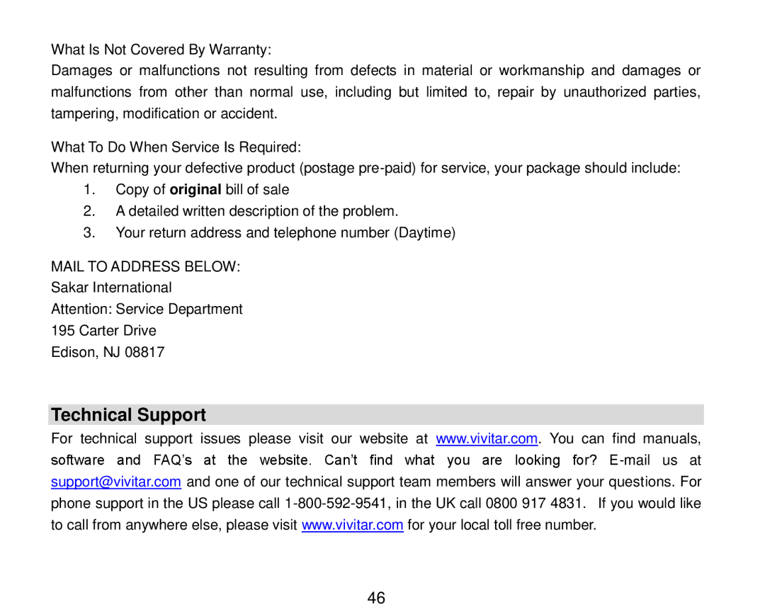 Vivitar V8690 user manual Technical Support 