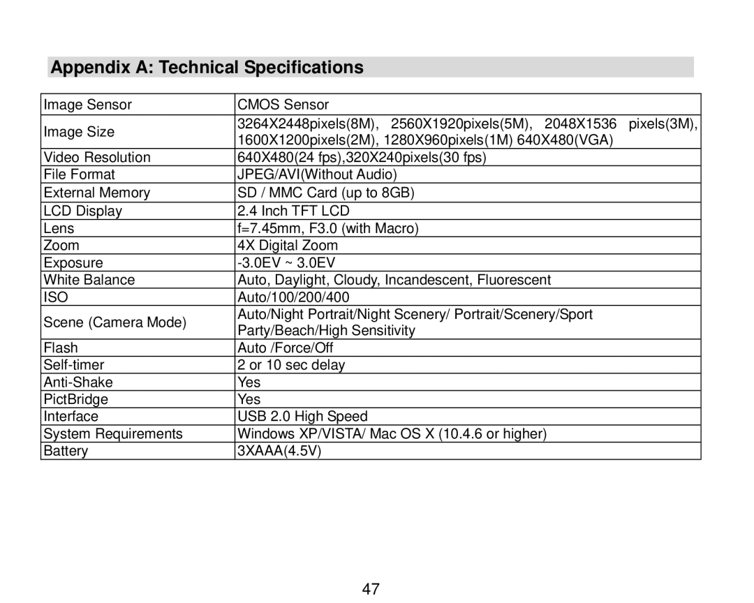 Vivitar V8690 user manual Appendix a Technical Specifications, Iso 