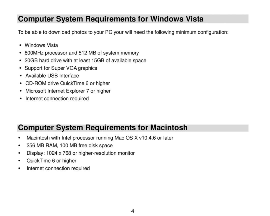 Vivitar V8690 user manual Computer System Requirements for Windows Vista, Computer System Requirements for Macintosh 