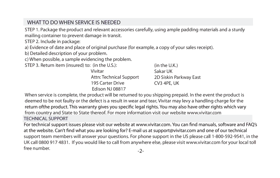 Vivitar VIV-13MM-C instruction manual What to do When Service is Needed 