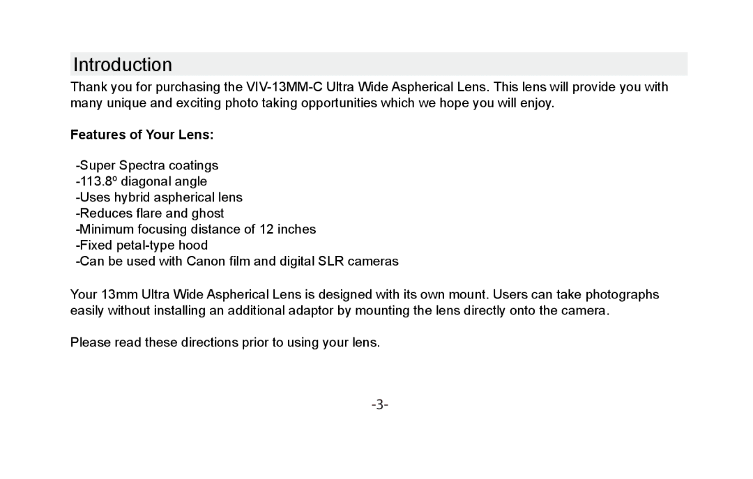 Vivitar VIV-13MM-C instruction manual Introduction, Features of Your Lens 