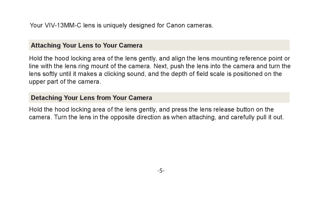 Vivitar VIV-13MM-C instruction manual Attaching Your Lens to Your Camera 