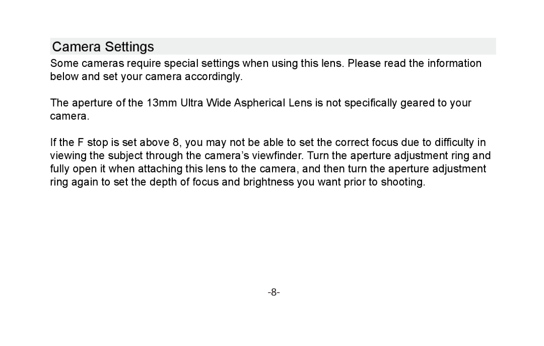 Vivitar VIV-13MM-C instruction manual Camera Settings 