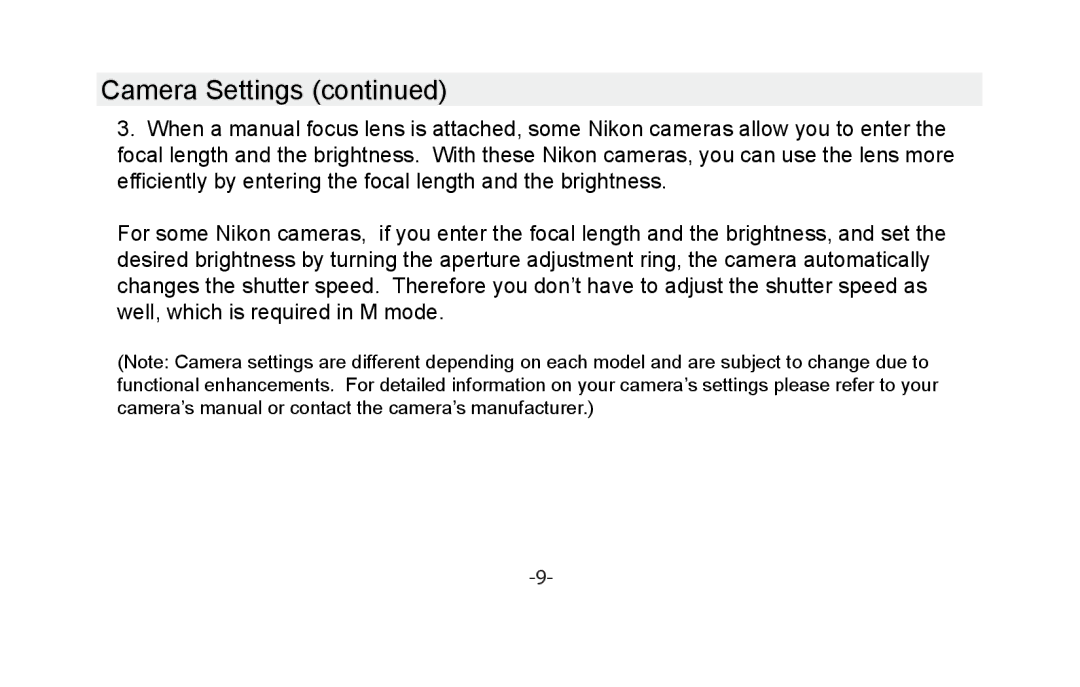 Vivitar VIV-13MM-N instruction manual Camera Settings 