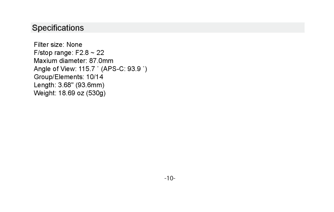 Vivitar VIV-13MM-N instruction manual Specifications 