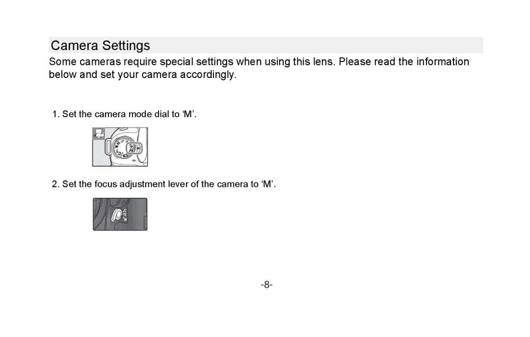 Vivitar VIV-13MM-N instruction manual Camera Settings 