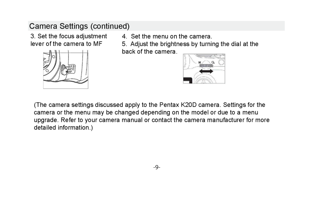 Vivitar VIV-13MM-P instruction manual Camera Settings 