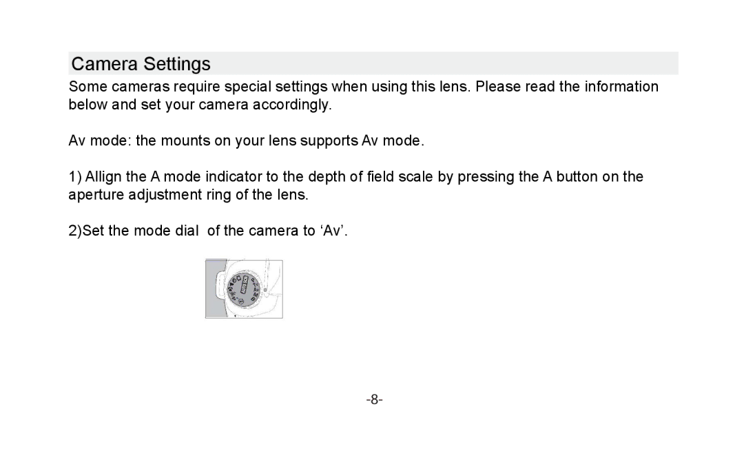 Vivitar VIV-13MM-P instruction manual Camera Settings 