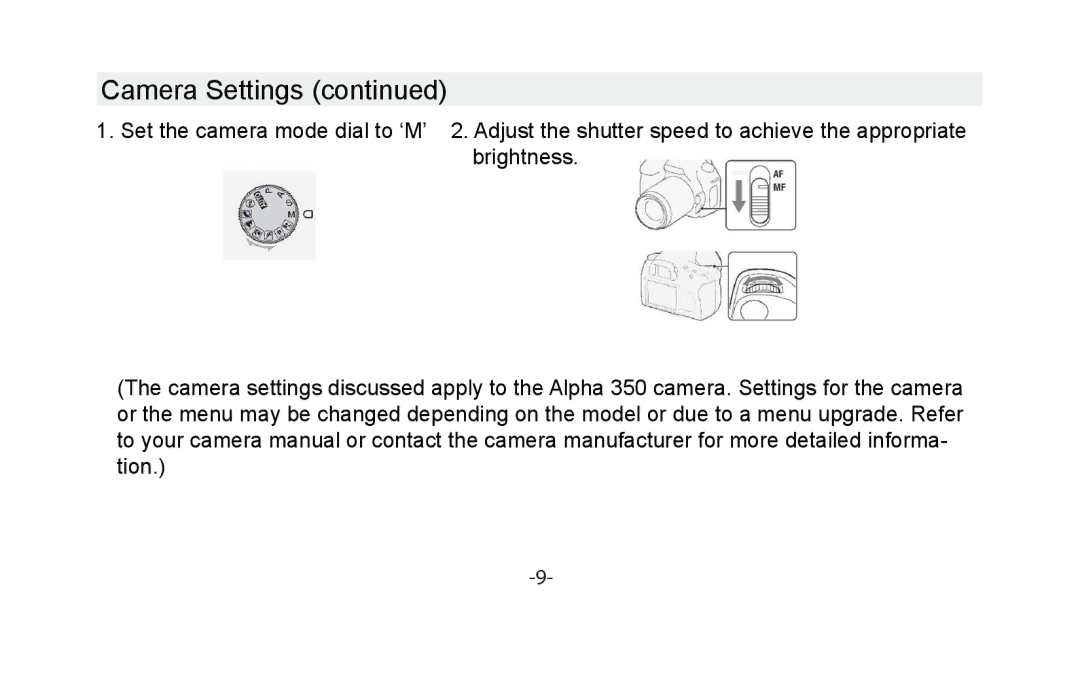 Vivitar VIV-13MM-S instruction manual Camera Settings 