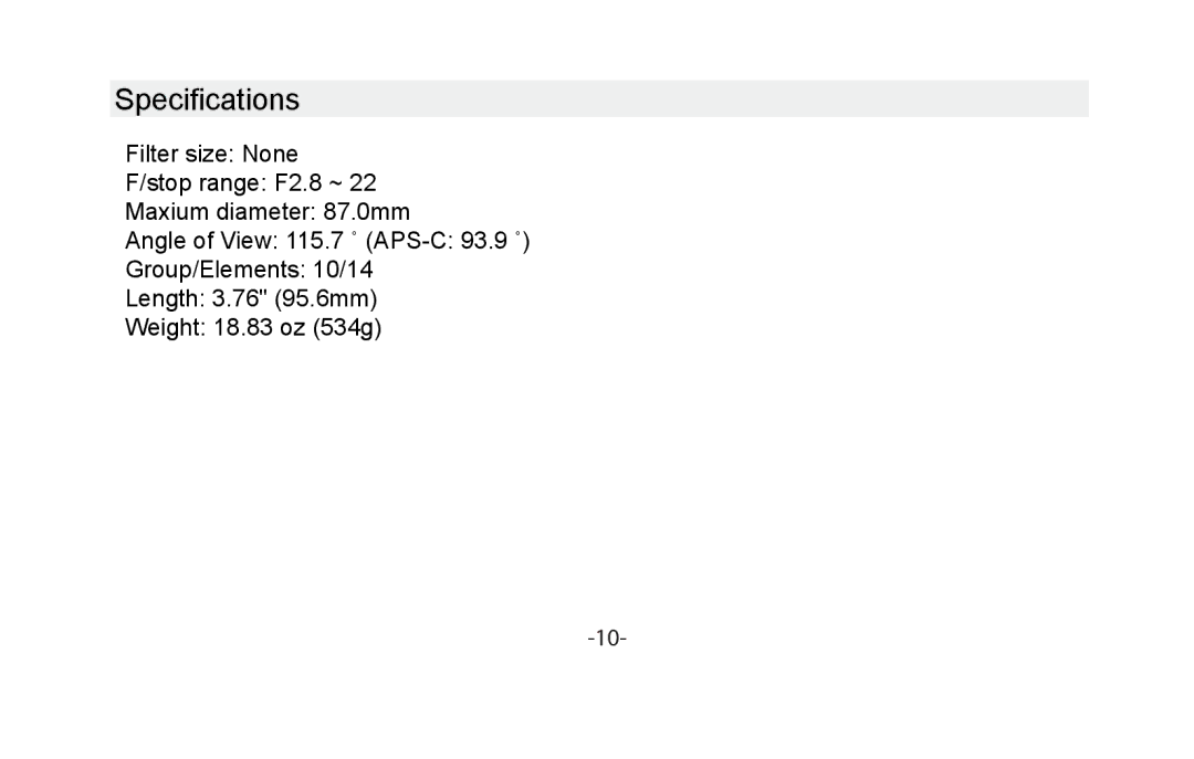 Vivitar VIV-13MM-S instruction manual Specifications 