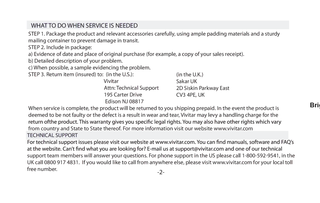 Vivitar VIV-13MM-S instruction manual What to do When Service is Needed 