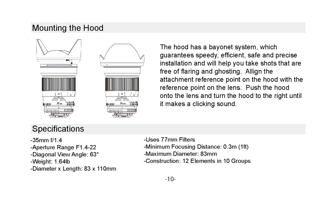 Vivitar VIV-35MM-C instruction manual Mounting the Hood Specifications 