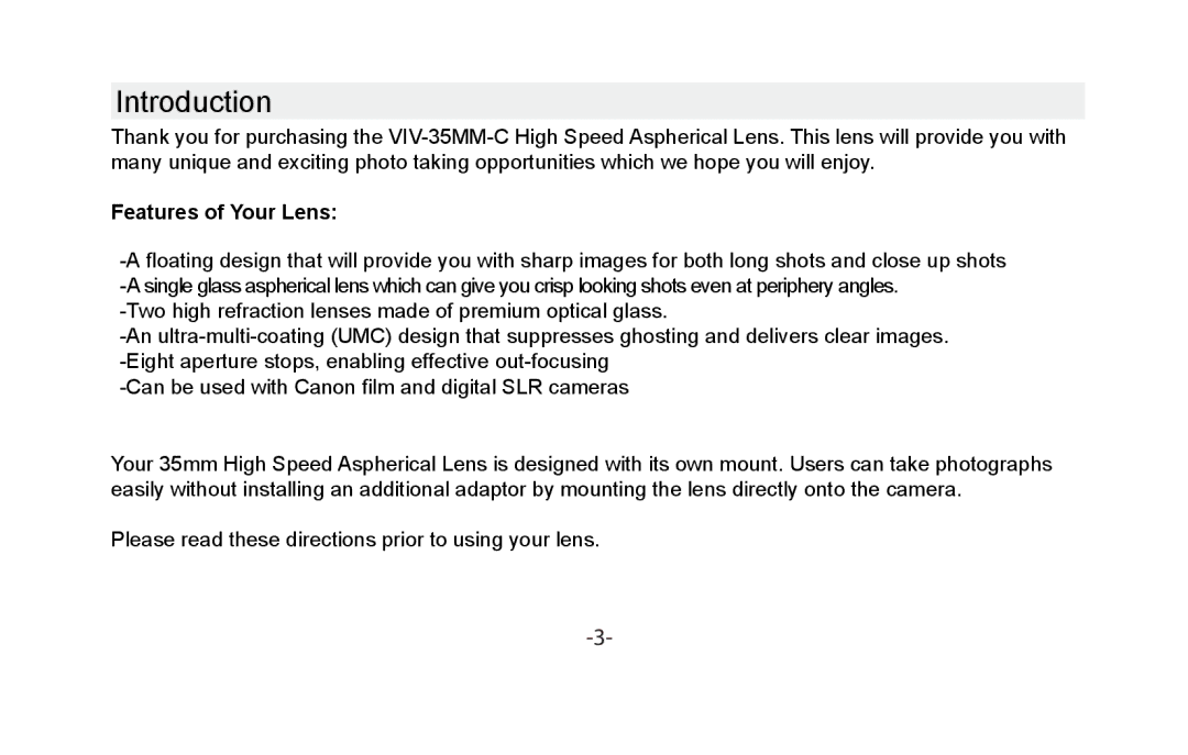 Vivitar VIV-35MM-C instruction manual Introduction, Features of Your Lens 