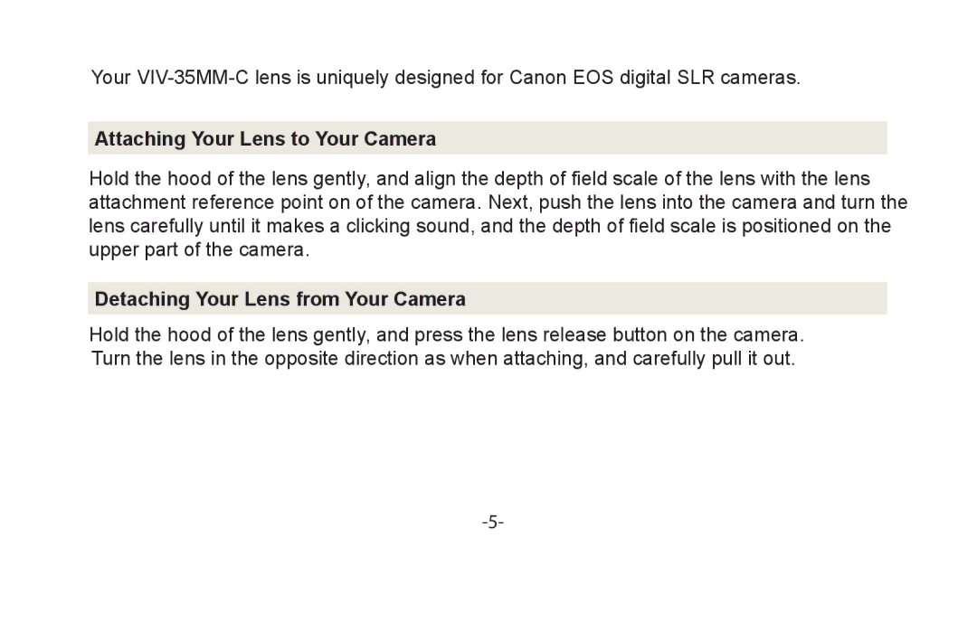 Vivitar VIV-35MM-C instruction manual Attaching Your Lens to Your Camera 