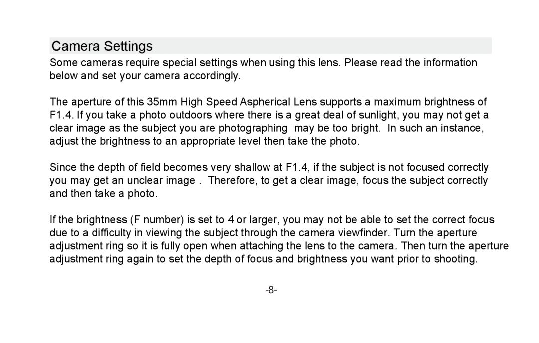 Vivitar VIV-35MM-C instruction manual Camera Settings 