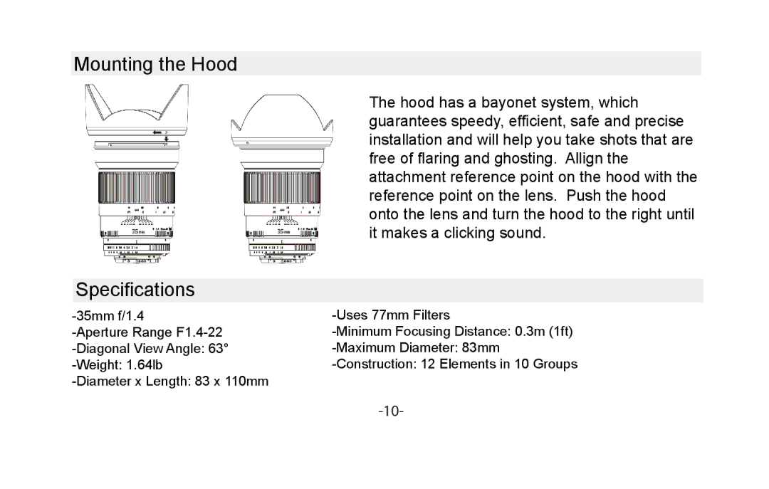 Vivitar VIV-35MM-N instruction manual Mounting the Hood Specifications 