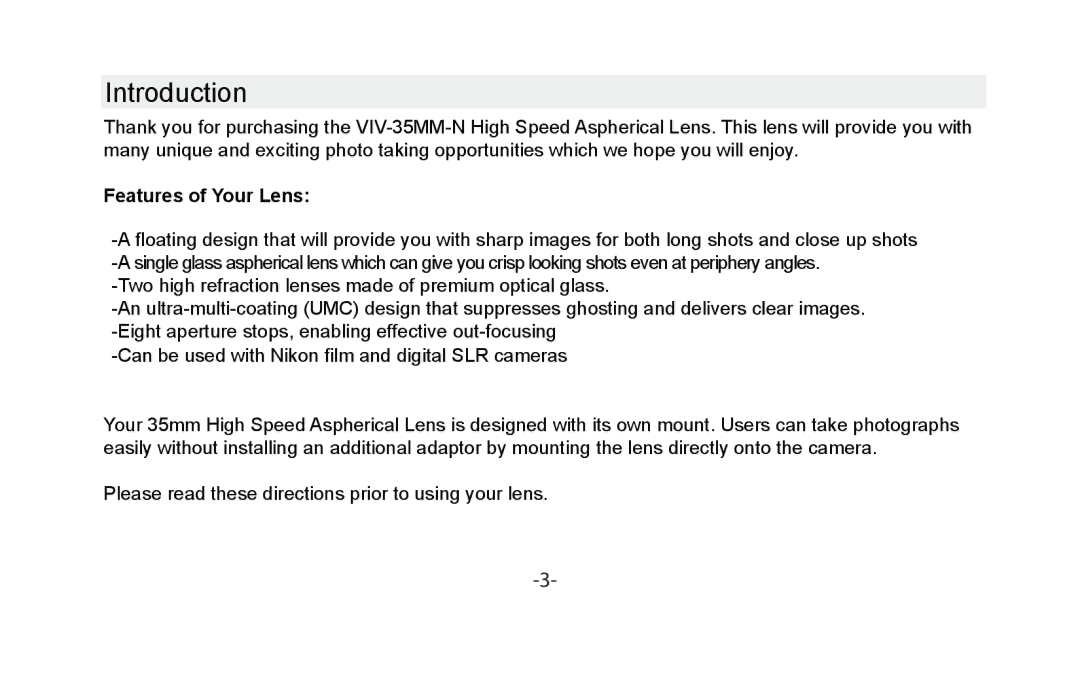 Vivitar VIV-35MM-N instruction manual Introduction, Features of Your Lens 