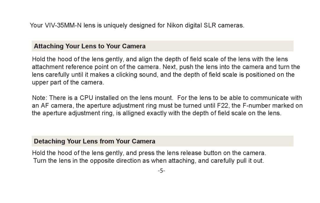 Vivitar VIV-35MM-N instruction manual Attaching Your Lens to Your Camera 