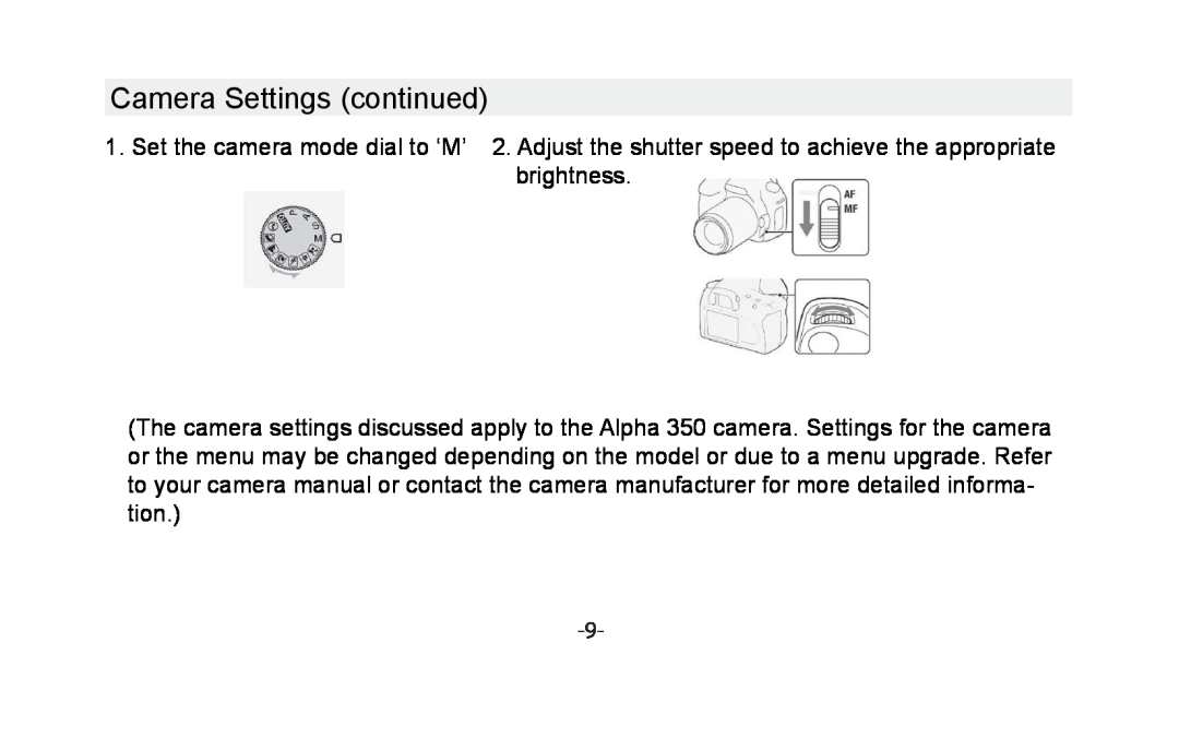 Vivitar VIV-35MM-S instruction manual Camera Settings continued 