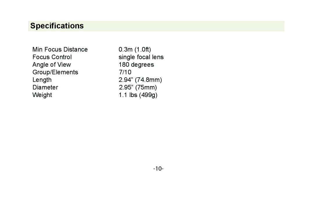 Vivitar VIV-7MM-P instruction manual Specifications 