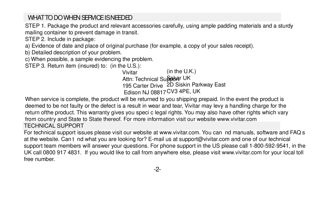 Vivitar VIV-7MM-P instruction manual What to do When Service is Needed 