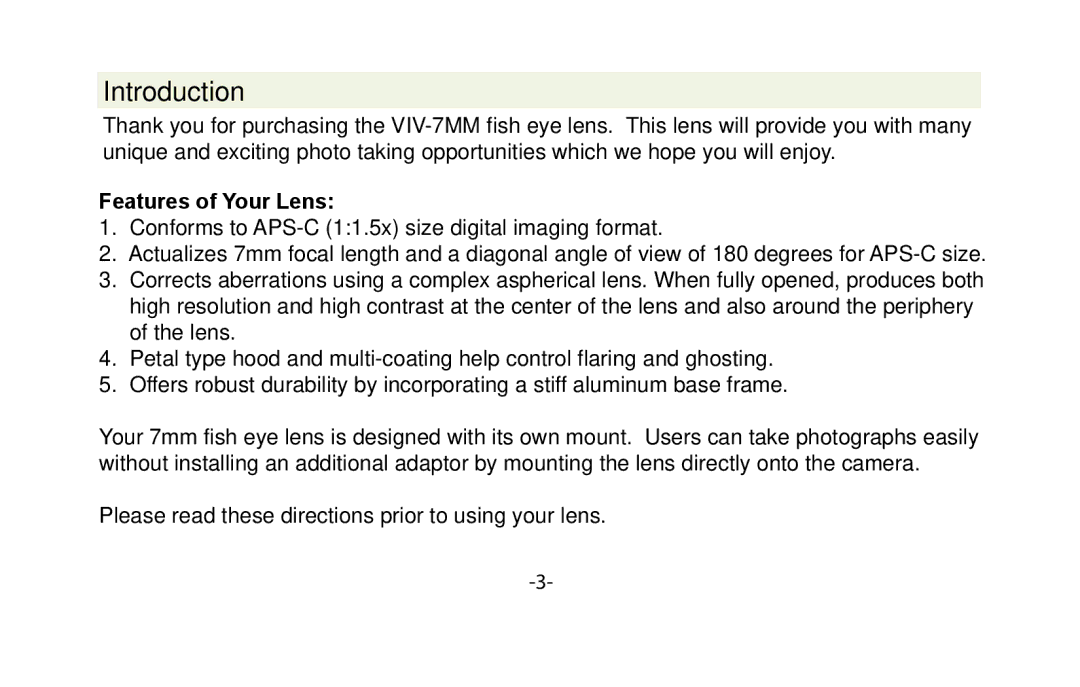 Vivitar VIV-7MM-P instruction manual Introduction, Features of Your Lens 