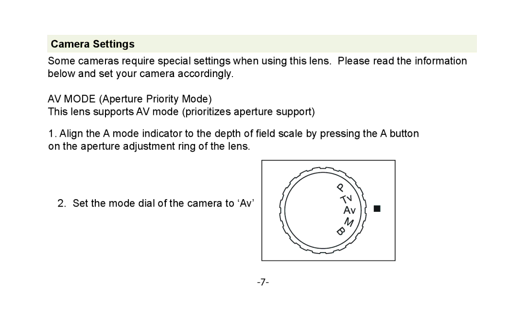 Vivitar VIV-7MM-P instruction manual Camera Settings 