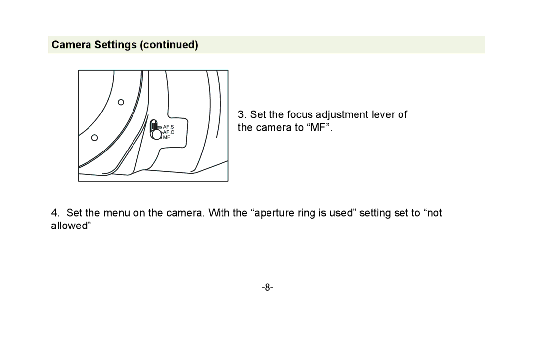 Vivitar VIV-7MM-P instruction manual Camera Settings 