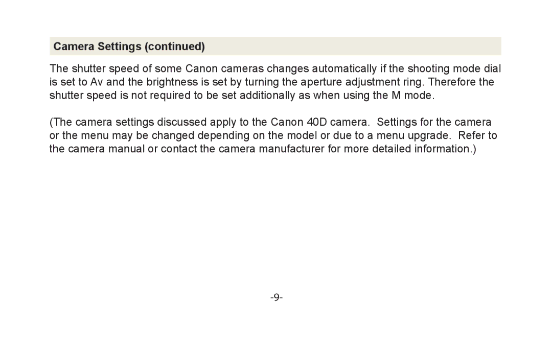 Vivitar VIV-7MM-S instruction manual Camera Settings 