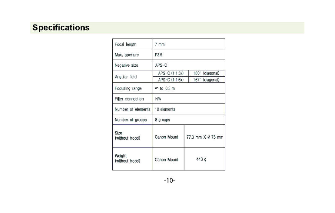 Vivitar VIV-7MM-S instruction manual Specifications 