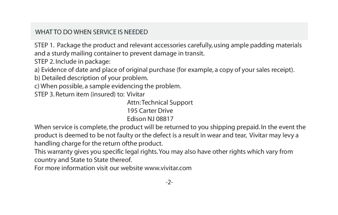 Vivitar VIV-7MM-S instruction manual What to do When Service is Needed 