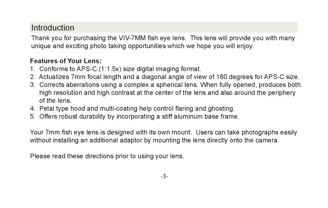 Vivitar VIV-7MM-S instruction manual Introduction, Features of Your Lens 