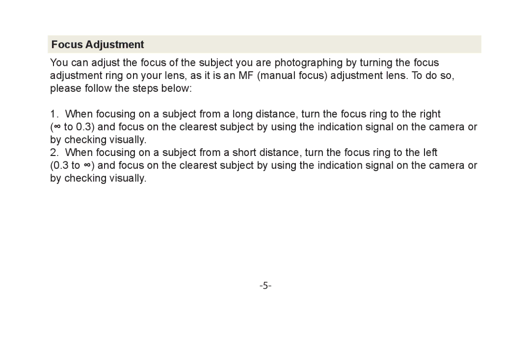 Vivitar VIV-7MM-S instruction manual Focus Adjustment 