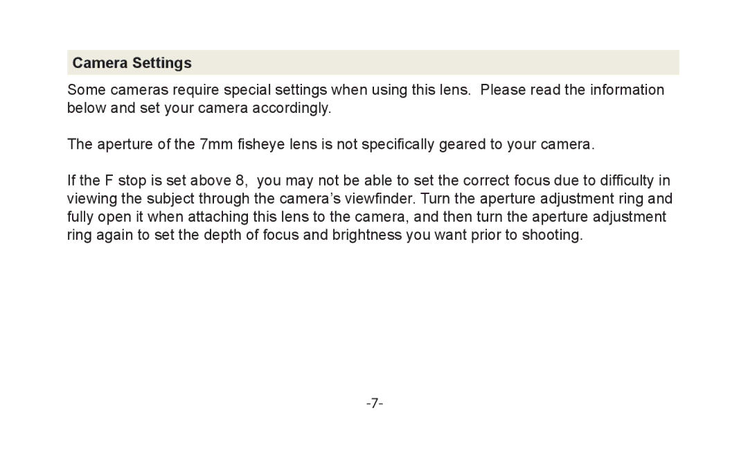 Vivitar VIV-7MM-S instruction manual Camera Settings 