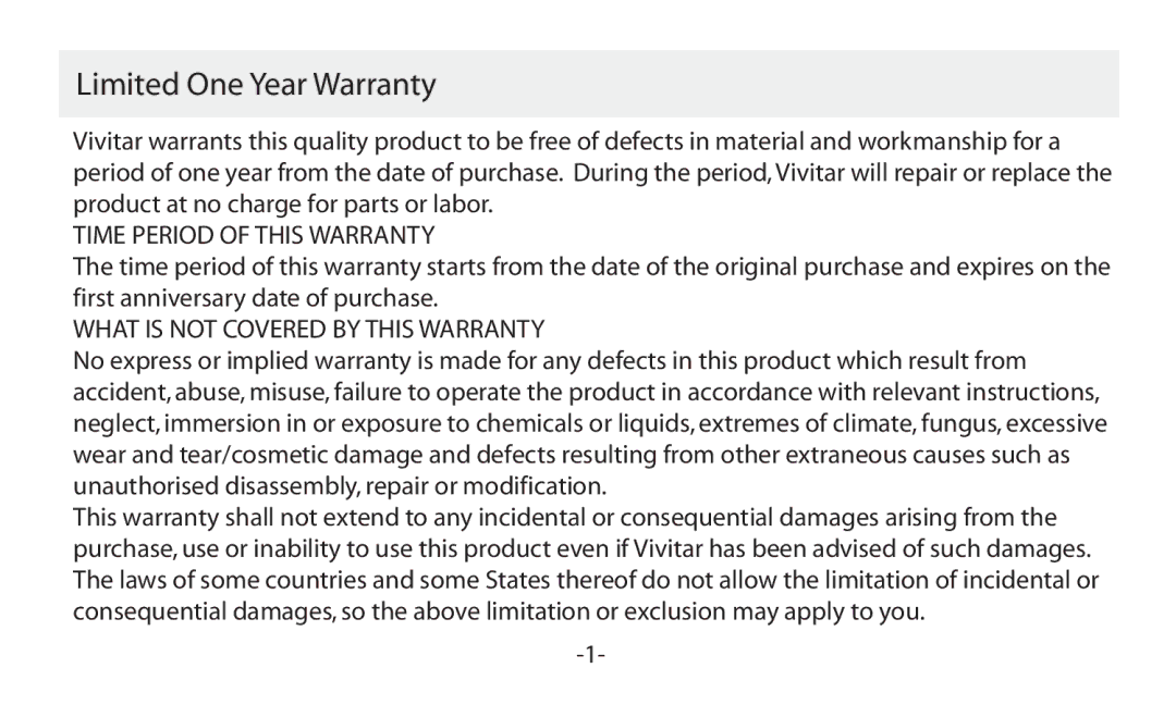 Vivitar VIV-AV-1025 Limited One Year Warranty, Time Period of this Warranty, What is not Covered by this Warranty 