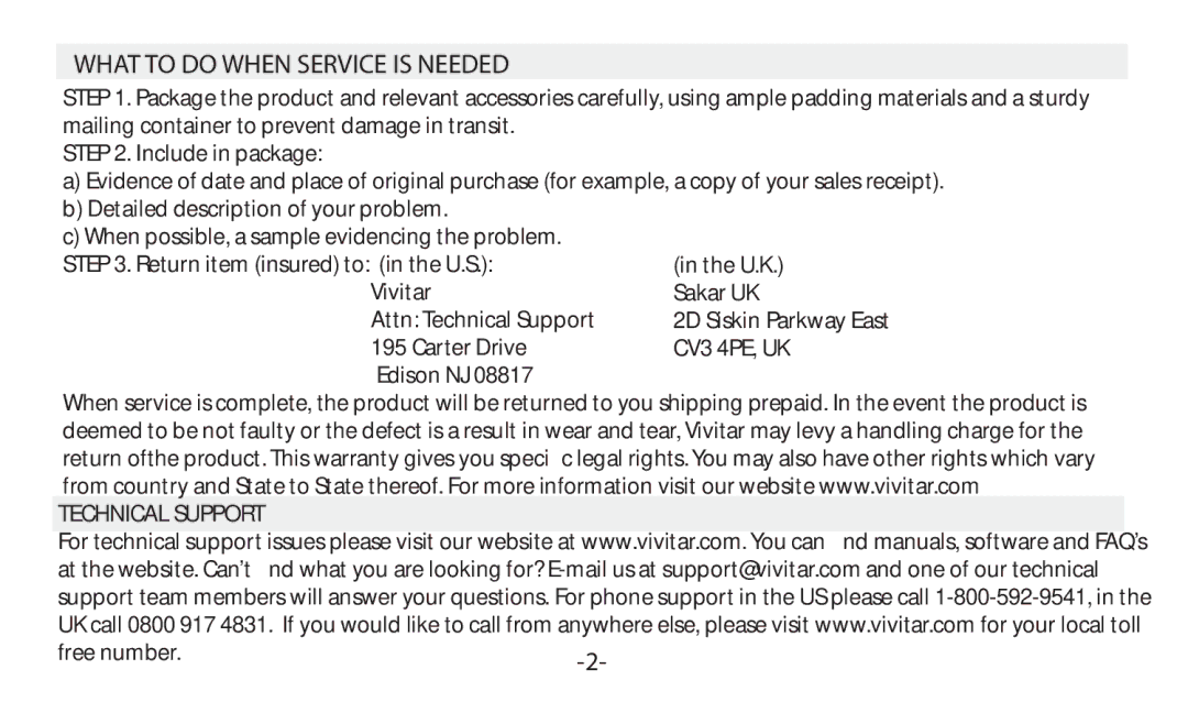 Vivitar VIV-AV-1025 instruction manual What to do When Service is Needed 