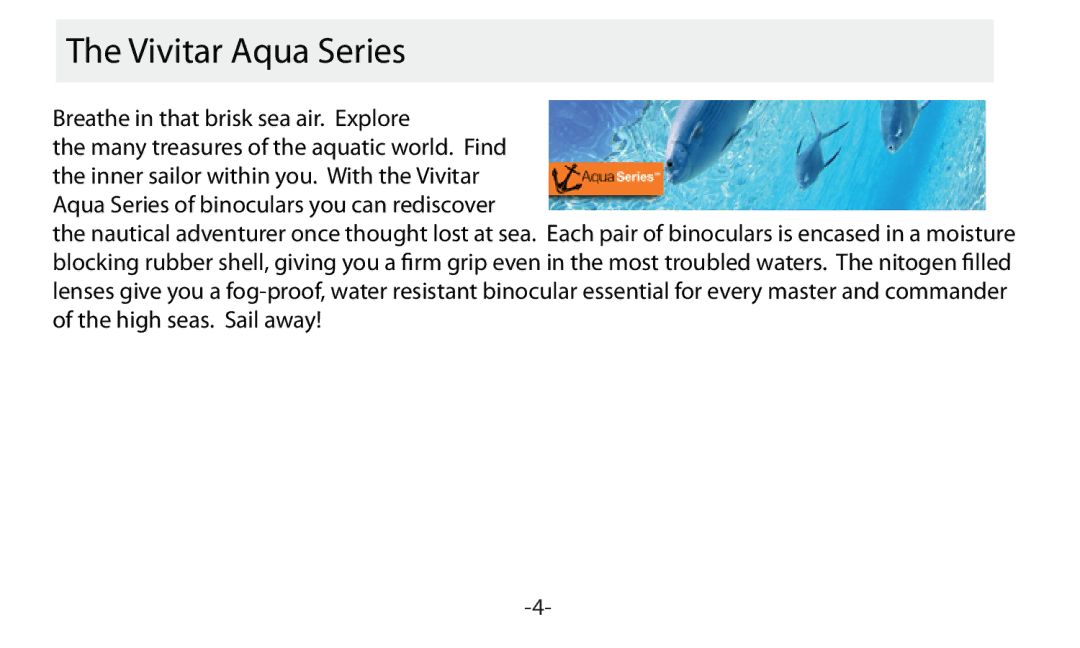 Vivitar VIV-AV-1025 instruction manual Vivitar Aqua Series, Breathe in that brisk sea air. Explore 