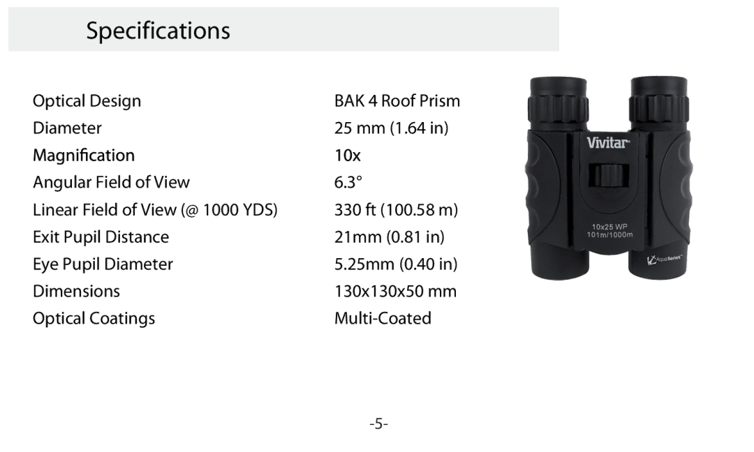 Vivitar VIV-AV-1025 instruction manual Specifications 