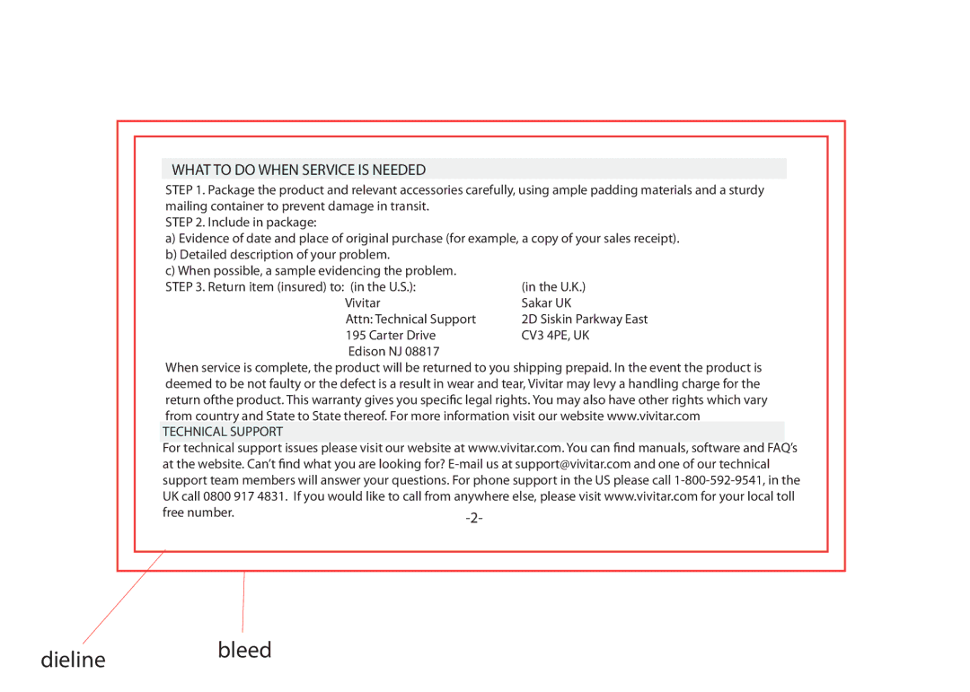 Vivitar VIV-AV-842 instruction manual Dieline bleed, What to do When Service is Needed 