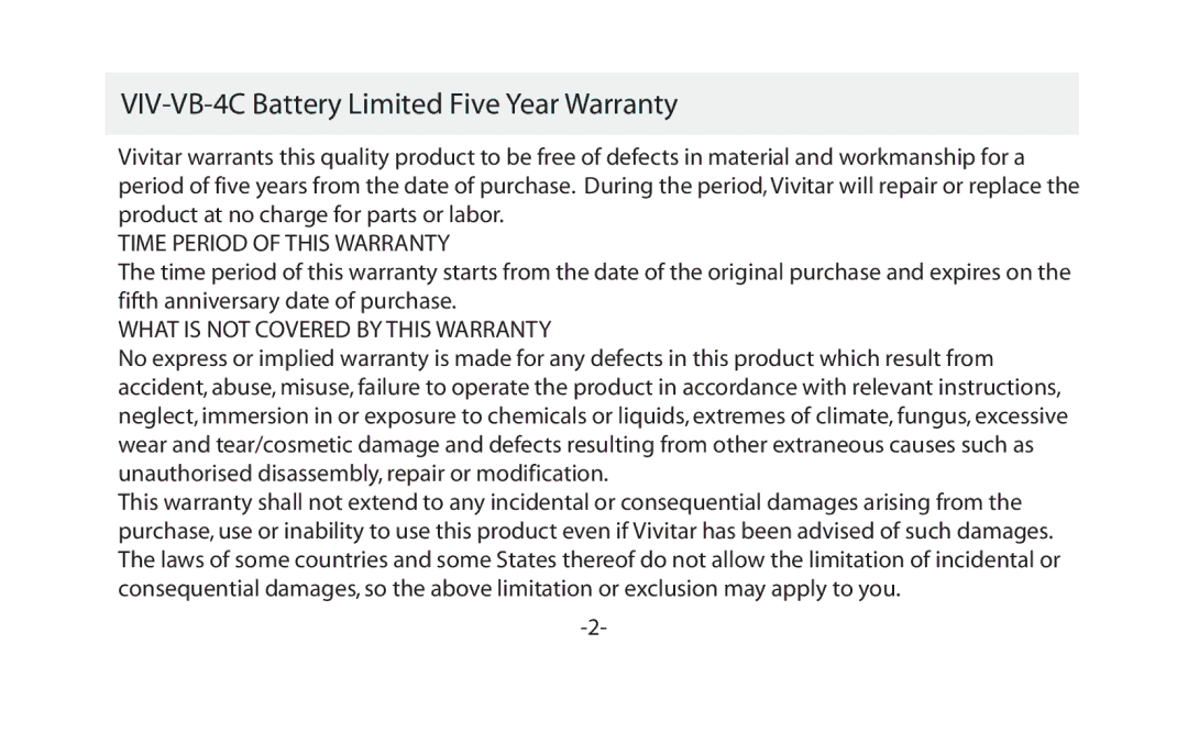 Vivitar VIV-CHBT-4C user manual VIV-VB-4C Battery Limited Five Year Warranty 