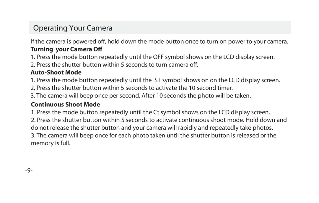 Vivitar VIV-CV-1025V Operating Your Camera, Turning your Camera O, Auto-Shoot Mode, Continuous Shoot Mode 