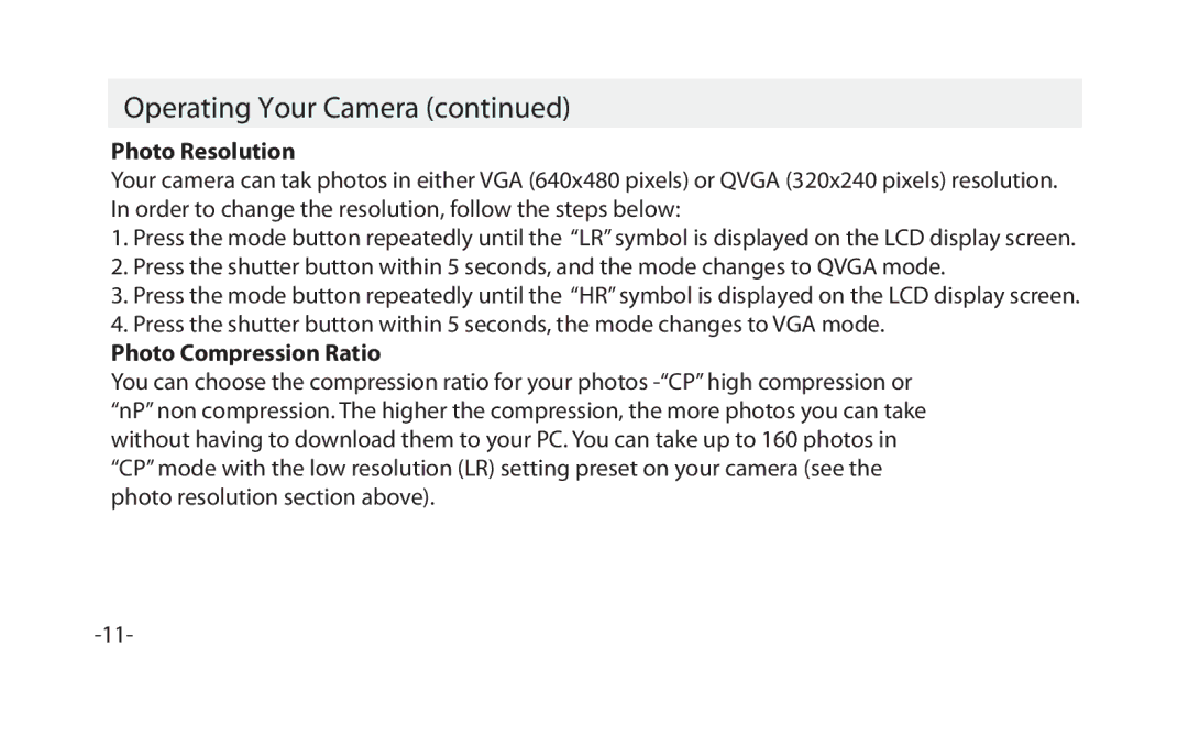 Vivitar VIV-CV-1025V instruction manual Photo Resolution, Photo Compression Ratio 