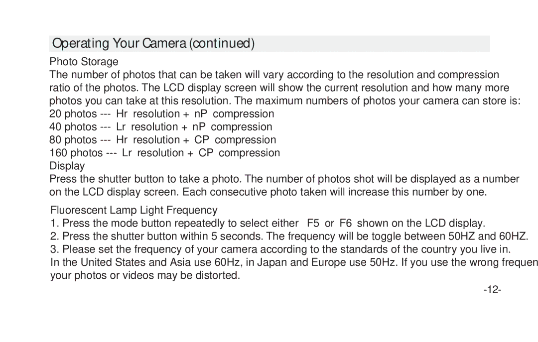 Vivitar VIV-CV-1025V instruction manual Photo Storage, Display, Fluorescent Lamp Light Frequency 