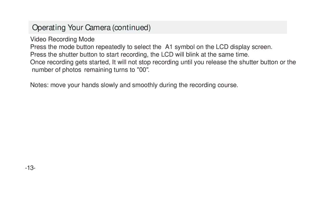 Vivitar VIV-CV-1025V instruction manual Video Recording Mode 