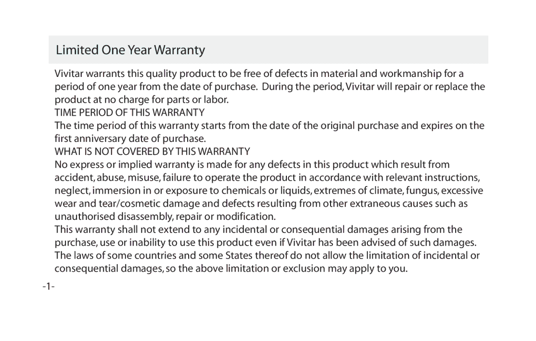 Vivitar VIV-CV-1025V instruction manual Limited One Year Warranty, Time Period of this Warranty 