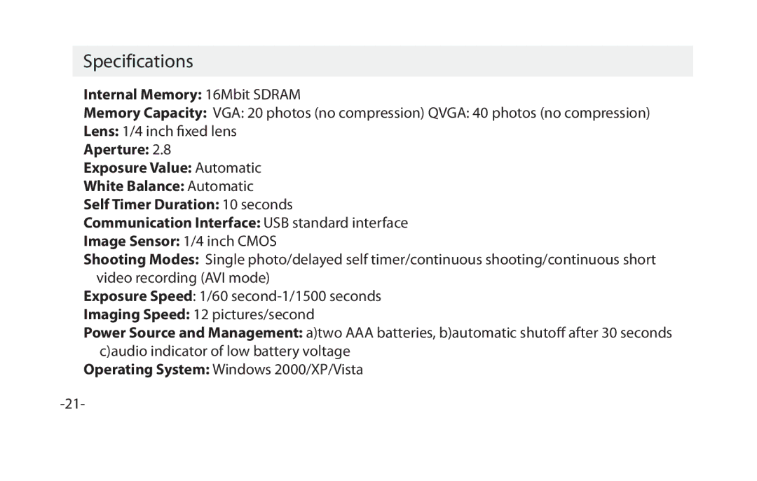 Vivitar VIV-CV-1025V instruction manual Specifications, Internal Memory 16Mbit Sdram 