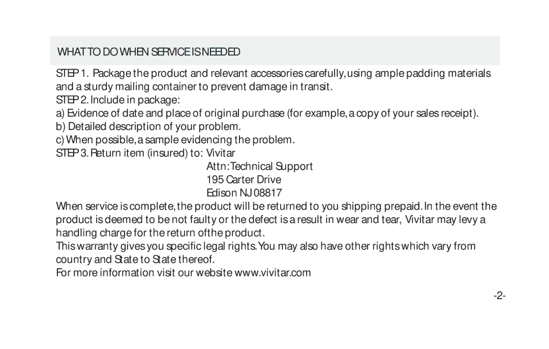 Vivitar VIV-CV-1025V instruction manual What to do When Service is Needed 